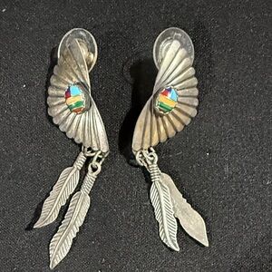 Silver Feather Dangle Earrings with Multicolor Inlay